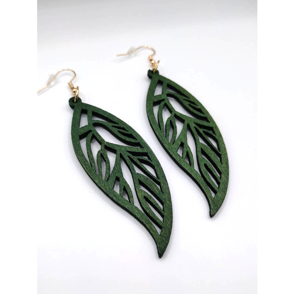 Green Leaf Plant Drop Hollow Earrings - Picture 5 of 5